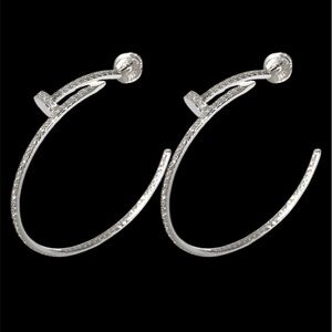 Twisted Nail Rhinestone bling silver Plated  Hoop Earrings
